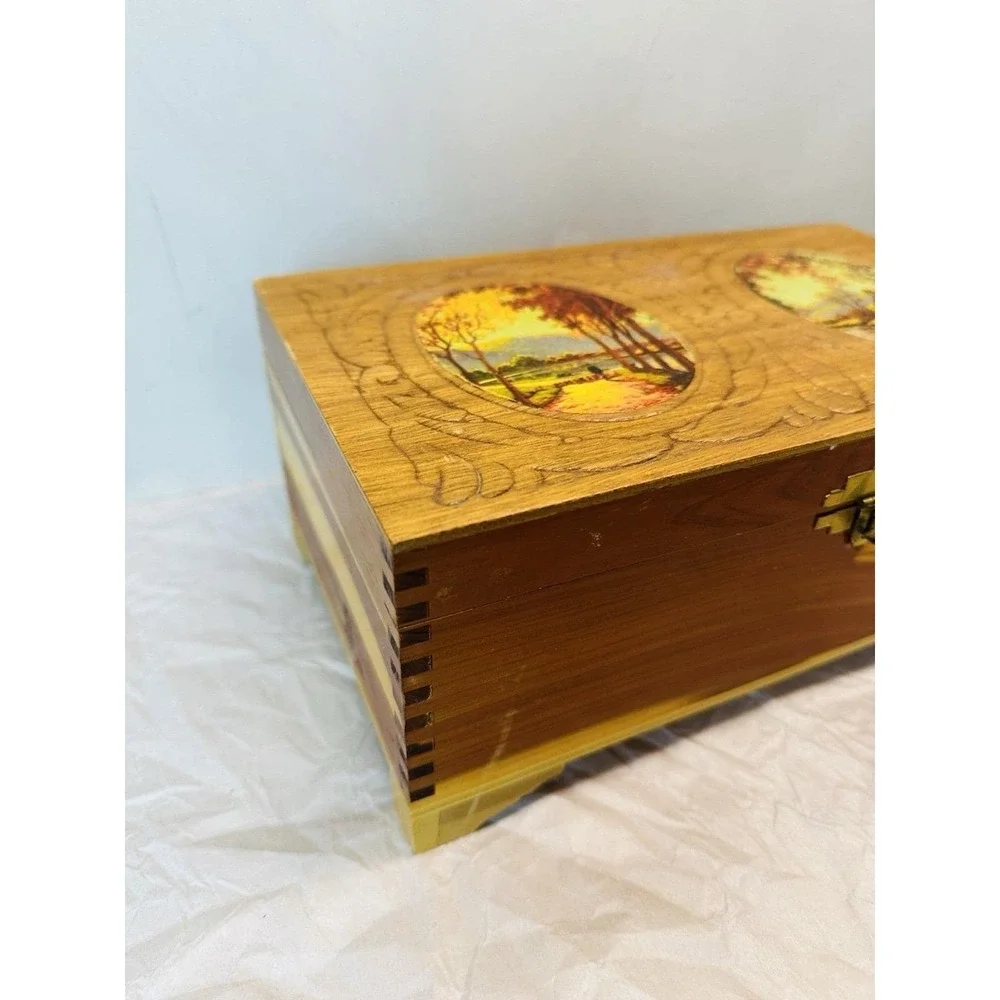 Vintage Cedar Jewelry box with carved and fall decopage lid, mirror inside